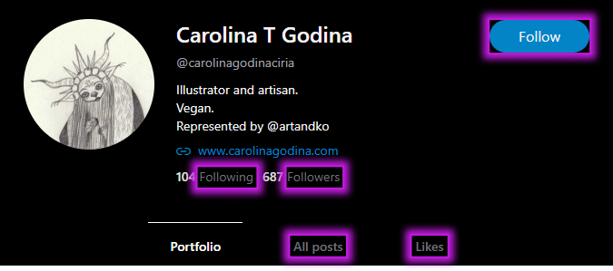 elements with color contrast issues on a Cara profile page
