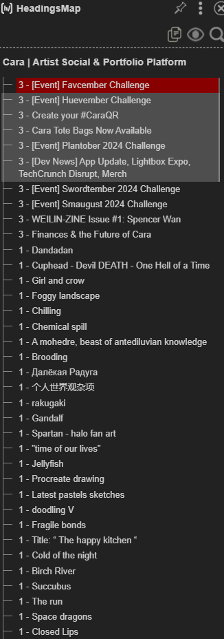 headings on the Cara Explore page. The first 10 items are heading level 3. The remaining items are heading level 1